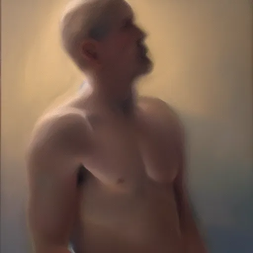 Image similar to man floating in the dark, oil painting, pale colors, high detail, 8 k, wide angle, trending on artstation,