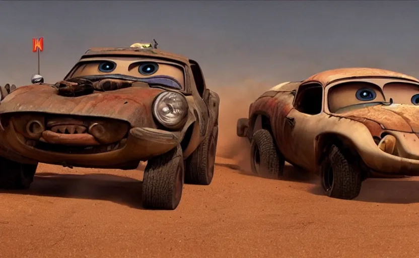 Prompt: mad max cars in a pixar movie