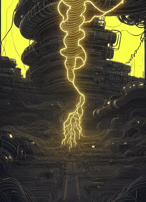 Image similar to highly detailed portrait of wasteland punk long curly bright yellow and white plasma electricity hair tribal lady, stray electric spark wiring by atey ghailan, james gilleard, by joe fenton, by greg rutkowski, by greg tocchini, by kaethe butcher, 4 k resolution, gradient yellow, black and white color scheme!!! ( ( lightning cloudy robotic dystopian city background ) )