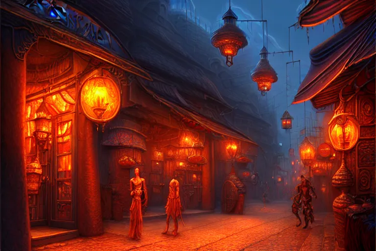 Image similar to a highly detailed bazaar street in the planescape city of sigil, amazing planescape digital painting, by gerald brom, brom digital art, intricate details, ultra realistic, beautiful art, volumetric lighting, warm colors advance cool colors recede, by brom, trending cgsociety, artstation, rim lighting, 8 k