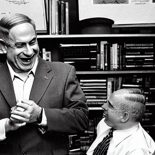 Image similar to benjamin netanyahu laughing and pointing at computer monitor, in office, by norman rockwell