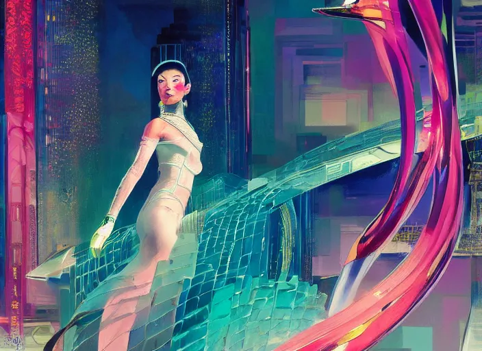 Prompt: powerful chinese princess, full body, neon lights, high fashion, futurism, aerodynamic, feminine, oriental, intricate, slick, highly detailed, digital painting, vogue, concept art, smooth, sharp focus, hd, art by syd mead and john berkey and annie leibovitz