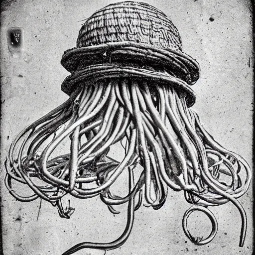 Image similar to the flying spaghetti monster. daguerreotype portrait photograph. inspired by gerard grom and ansel adams. beautiful. cute. happy. highly detailed. old timey.