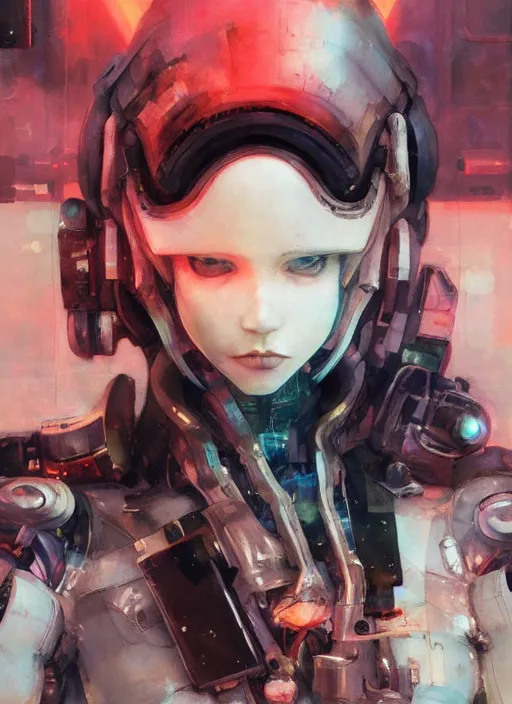 Image similar to surreal gouache painting, by yoshitaka amano, by ruan jia, by conrad roset, by good smile company, detailed anime 3d render of a mechanical android, portrait, cgsociety, artstation, modular mechanical costume and headpiece, dieselpunk atmosphere