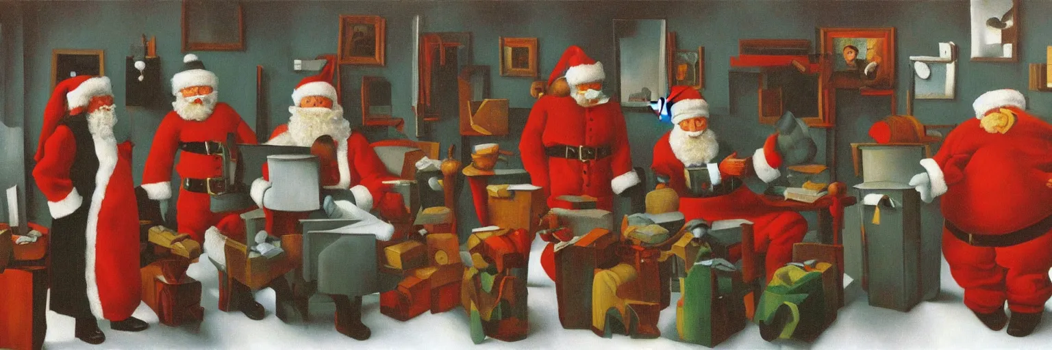 Prompt: santas workshop oil painting magritte