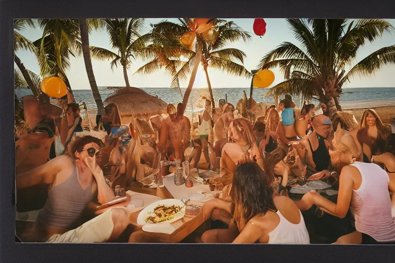 Image similar to an amazing award winning polaroid photo of animals at a party at the beach, drinking, food, bar, music, resort, praising the sun, golden hour, cinematic, atmospheric, 8k resolution, Hyperrealistic