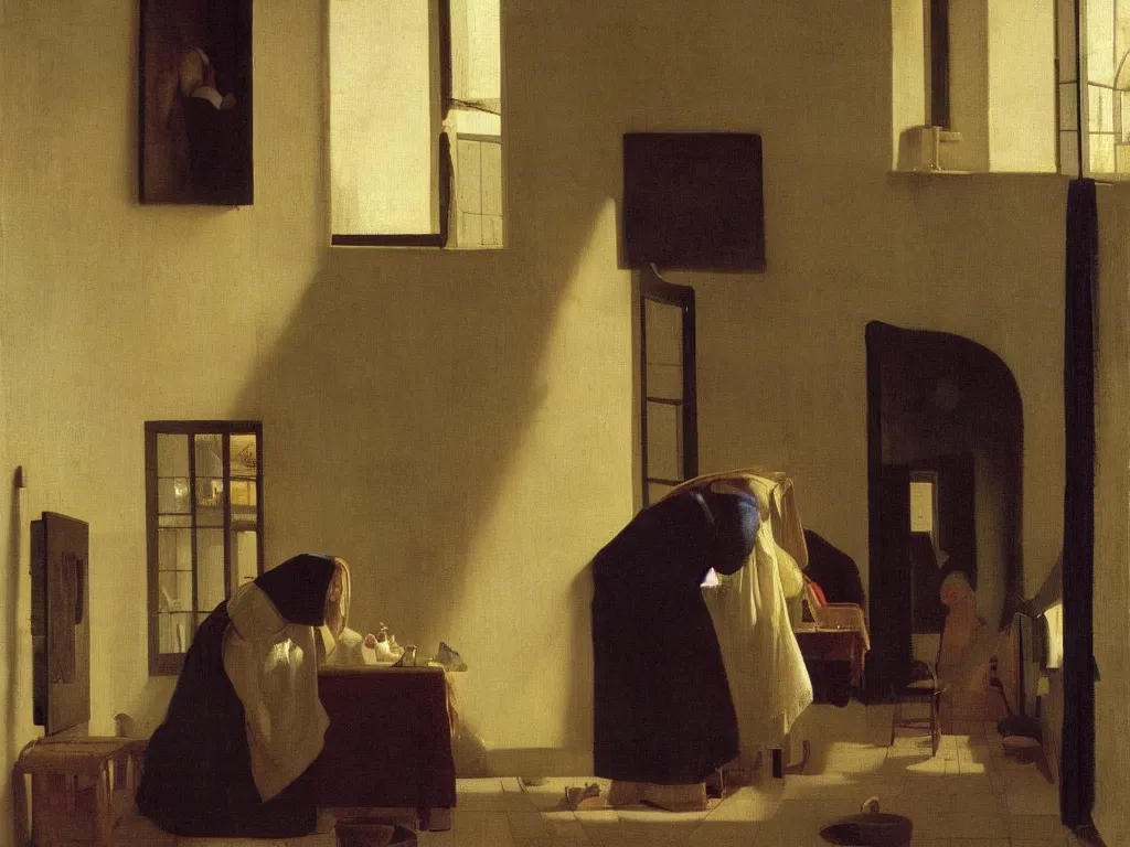 Prompt: Woman washing her hair in a water basin in an interior lit by the window. Painting by Vermeer