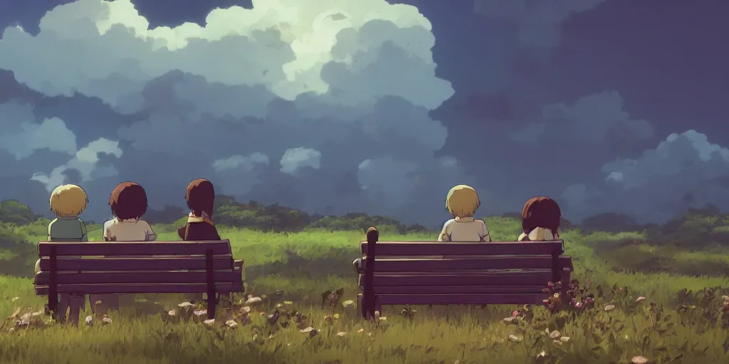 Image similar to animation key shot, a family with sorrow faces sitting on a bench, dramatic sky, close up shot, studio Ghibli, Pixar and Disney animation, sharp, Rendered Unreal Engine 5, film key art, Greg Rutkowski, Bloom, dramatic lighting