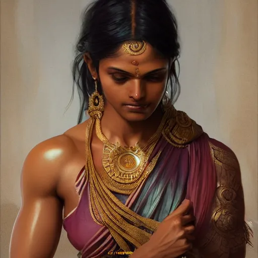 Prompt: muscular south indian woman, sari, ultra realistic, concept art, intricate details, eerie, horror, highly detailed, photorealistic, octane render, 8 k, unreal engine. art by artgerm and greg rutkowski and alphonse mucha