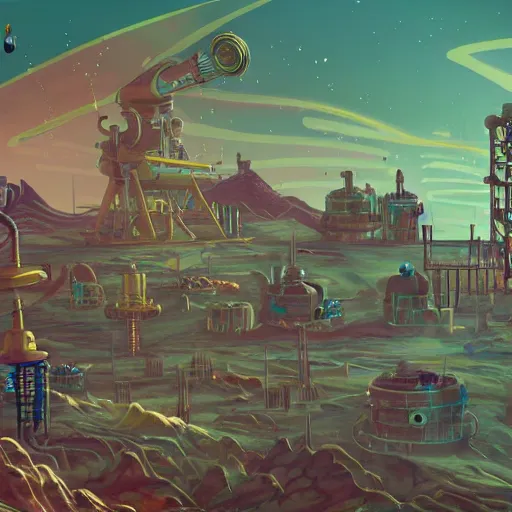 Prompt: a bright pastel alien landscape with steampunk oil drills and mining machines.