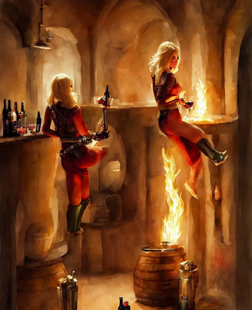 Image similar to blonde hot woman in wine cellar,! boba fett!, drinking beer, eating meat, cozy, inviting, atmospheric, torches on the wall, watercolor by vladimir volegov