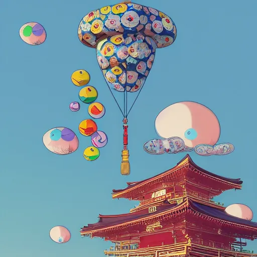 Image similar to a man walking on clouds away from the camera above kyoto by takashi murakami, beeple and james jean, aya takano color style, 4 k, super detailed, modern, 4 k, symmetrical