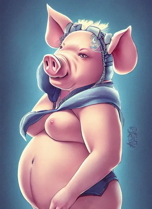 Prompt: Chubby character portrait of a female humanoid pig with a pigtail. She has a cute beautiful attractive detailed pig snout face. She is wearing a tanktop and slacks standing outside a city tattoo parlor with arm tattoos. Character design by charlie bowater, ross tran, artgerm, and makoto shinkai, detailed, inked, western comic book art