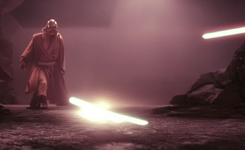 Image similar to iconic wide cinematic screenshot from the sith planet where lightsabers are made, from the thrilling scene from the 1 9 8 0 s lost jedi film, moody cinematography, foggy volumetric lighting, hyper detailed scene, anamorphic lenses 2 4 mm, lens flare, award winning