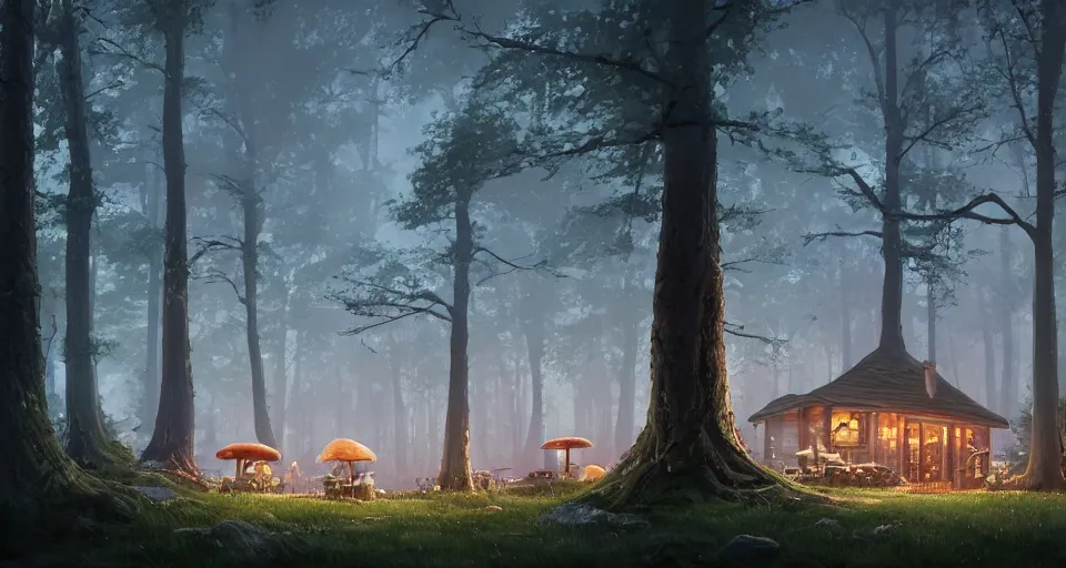 Image similar to A landscape with a quiet tavern in the middle of a forgotten magical forest, large trees, mushrooms, warm lighting, inviting, enchanting, rendered by simon stålenhag, rendered by Beeple, Makoto Shinkai, syd meade, environment concept, digital art, unreal engine, 3 point perspective, WLOP, trending on artstation, low level, 4K UHD image, octane render,