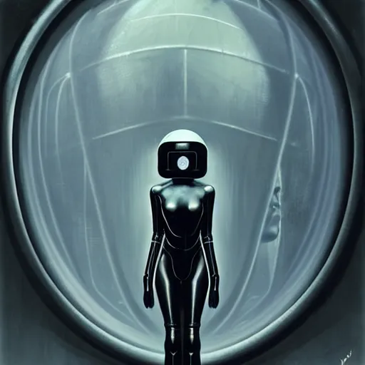 Image similar to futuristic portrait of woman from 2 0 s decade of xx century in metal space suit in a style of hans giger, dark atmosphere, lovecraftian background, lynchian atmosphere, film noir, concept art, art by kuvshinov ilya and zdislav beksinski and wayne barlowe and hans giger