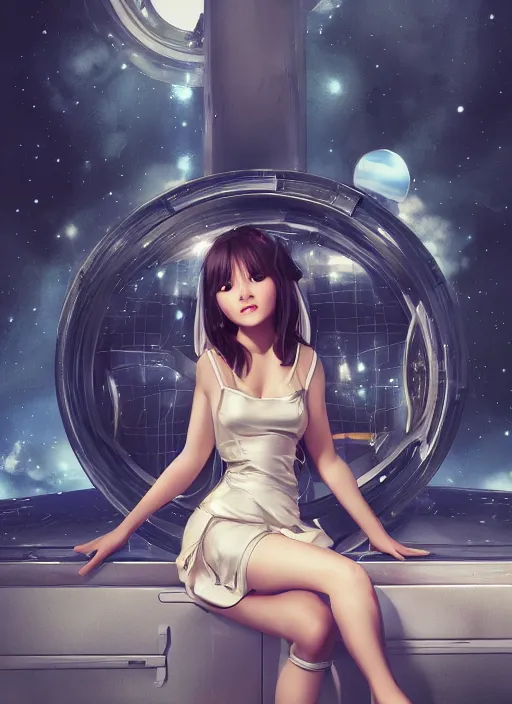 Prompt: woman sitting on a spaceship window, beautiful detailed dress, detailed face, detailed torso, smiling, by artgerm, by wlop, anime style, octane render