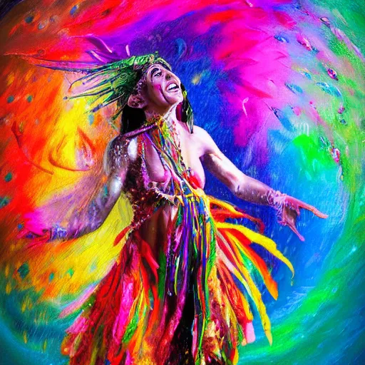 Prompt: shamanic woman dancing in the epic colourful rain, highly detailed, hyperrealistic, 8k,