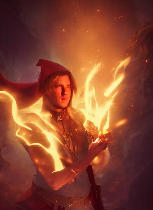 Image similar to A fantasy comic book style portrait painting of a Channing Tatum as a elf Sorcerer casting a fire spell, unreal 5, DAZ, hyperrealistic, octane render, RPG portrait, ambient light, dynamic lighting