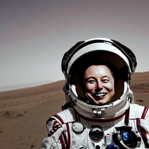 Prompt: Happy Elon Musk on Mars, photo, portrait, centered, in spacesuit, smoking, detailed, close up 2040