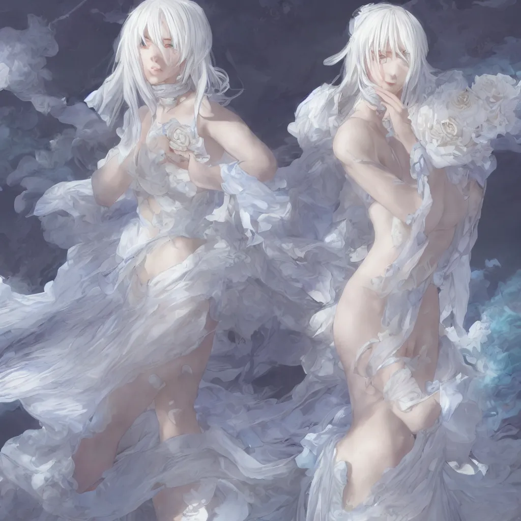 Image similar to white haired anime girl in a vaporous wrapped large victorian cream roses silk semi-transparent blue and cream dress fashion is running D&D, fantasy, intricate, elegant, highly detailed, digital painting, artstation, concept art, matte, sharp focus, illustration, art by Artgerm and Greg Rutkowski and Alphonse Mucha, UHD