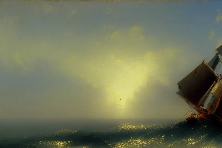 Image similar to a painting of a sailboat in the ocean by ivan aivazovsky, deviantart, american scene painting, matte painting, oil on canvas, deviantart