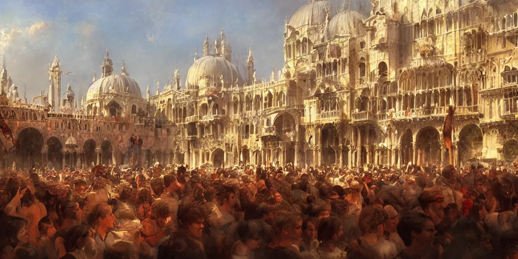 Image similar to Renaissance Venice in summer, fantasy, festivities, dancing people in the crowd, Matte Painting, evening, Craig Mullins