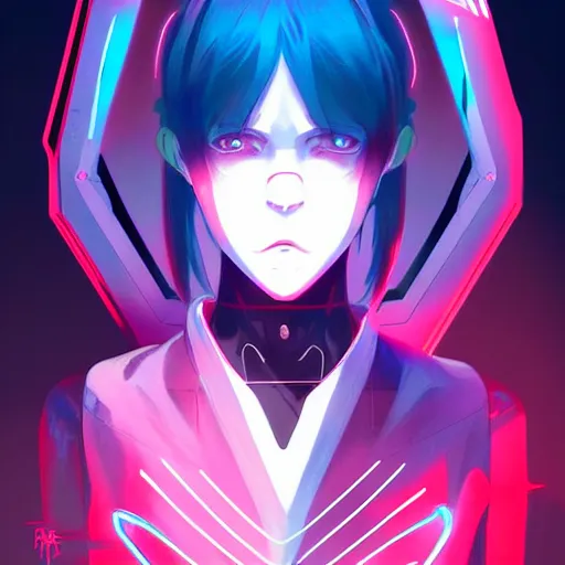 Prompt: digital cyberpunk anime character concept art, gorgeous anime girl symmetrical face, small female android cyborg - angel, glowing red left eye and glowing blue right eye, fullbody!! wlop, rossdraws sakimimichan, ilya kuvshinov, krenz cushart, greg rutkowski.