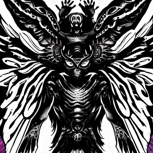 Image similar to 4K headshot of godlike mothman with defined arms and open hands and bloody clothes with giant mandala wings , intricate face , flawless anime cel animation by Kentaro Miura, psychedelic , highly detailed upper body , professionally post-processed , beautiful, scary, symmetry accurate features, epic, octane rendered, anime masterpiece, accurate