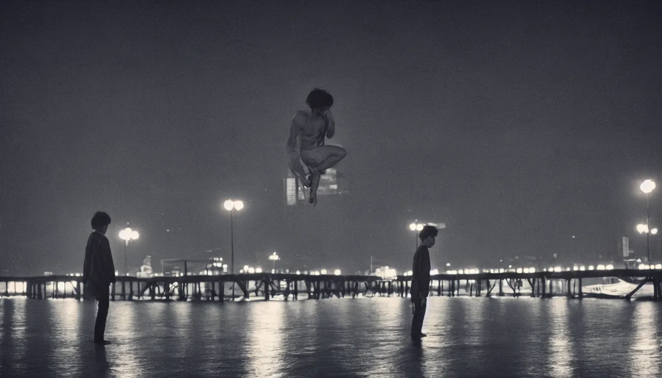 Image similar to 80s asian neon movie still with a lone man levitating over a pier by the river at night with city lights behind his back. Fallen angels movie still. hyperrealistic, photorealistic, high definition, medium format photography, highly detailed, tehnicolor, anamorphic 50mm lens