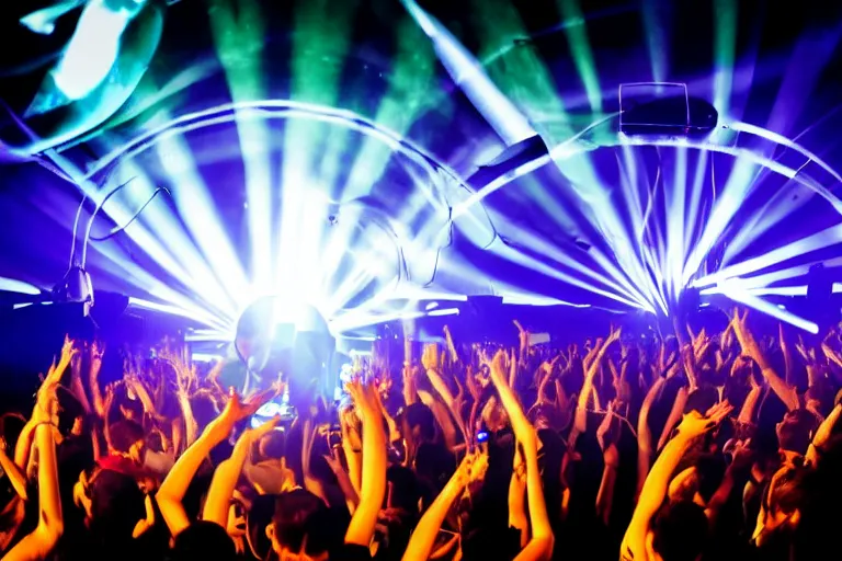 Prompt: a award winning photograph of a dj on stage spinning records with headphones looking over crowd partying with their hands up at a club, haze, moving heads light beams, spot lights, disco ball, silhouette