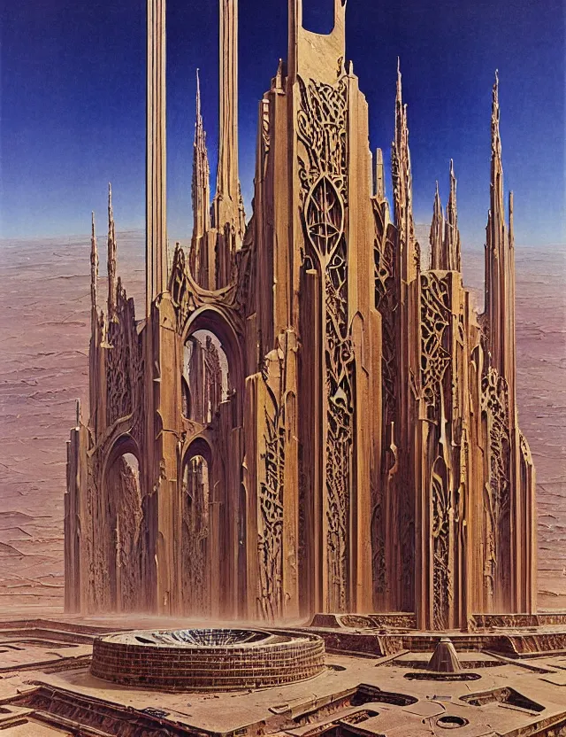 Image similar to giant immense crematorium advanced technology sci - fi architectural structure on desert planet, gothic architecture fantasy, d & d, intricate, painting by lucian freud and mark brooks, bruce pennington