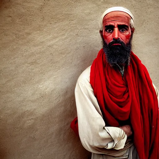 Prompt: portrait of john adams as afghan man, green eyes and red scarf looking intently, photograph by steve mccurry