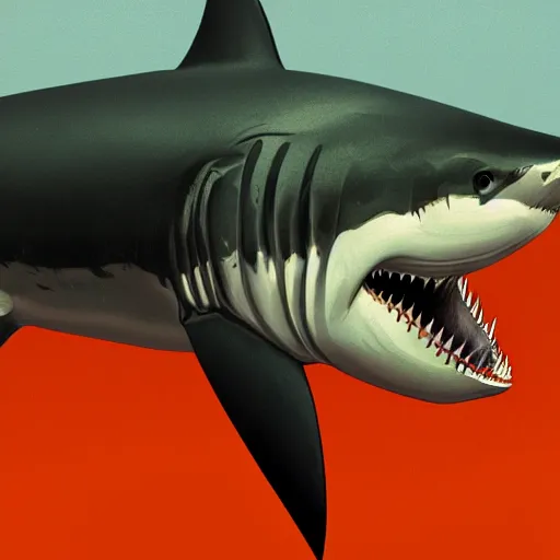 Image similar to great white shark, side view, with an orange traffic cone on its dorsal fin - ron cheng & alphonse mucha, highly detailed, digital painting, ray tracing, concept art, illustration, smooth sharp focus, intricate, symmetry, artstation,