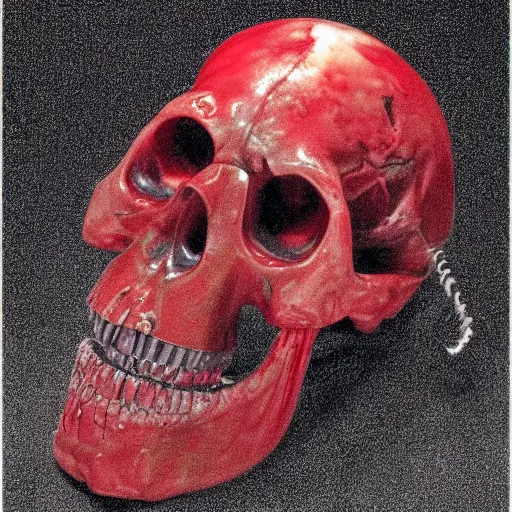 Prompt: twisted scene of a twisted transparent cube half filled with turbulent red liquid inside in a transparent skull