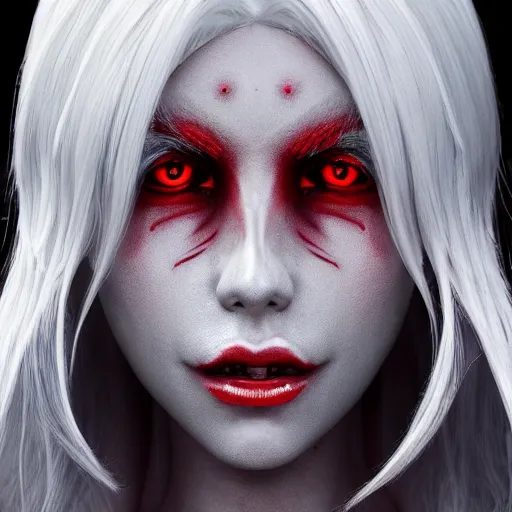 Image similar to a highly detailed portrait of a humanoid demon girl with white hair, red horns, in white clothes, artstation, deviantart, professional, unreal engine 5, photorealistic, digital art