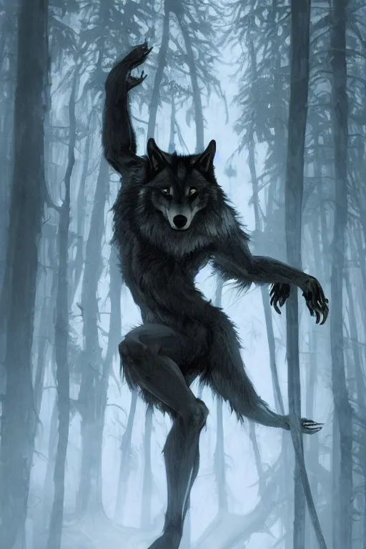 Image similar to full figure beautiful young fit antrophomorphic male wolf, bared teeth and long claws, frozen scene, by greg rutkowski and alphonse mucha, d & d character, gradient black to silver, in a forest at night, highly detailed portrait, digital painting, artstation, concept art, smooth, sharp focus illustration, artstation hq