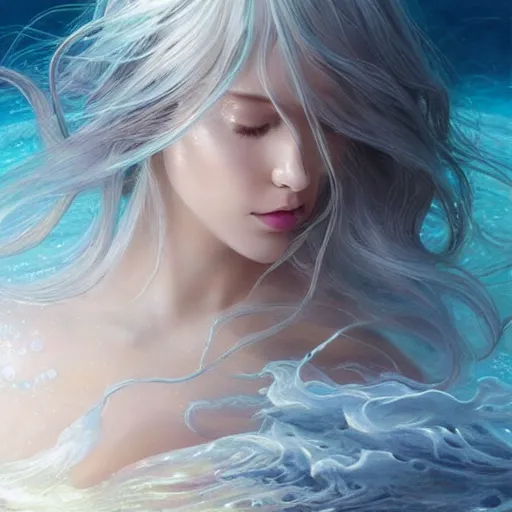 Prompt: beautiful glowing sparkling shimmering ethereal white hair submerged in water flowing like ocean waves fantasy art portrait, elegant hair, complex design hair, ultra realistic, wide angle, intricate details, fantasy artifacts, highly detailed by peter mohrbacher, hajime sorayama, wayne barlowe, boris vallejo, aaron horkey, gaston bussiere, craig mullins, in full growth, underwear