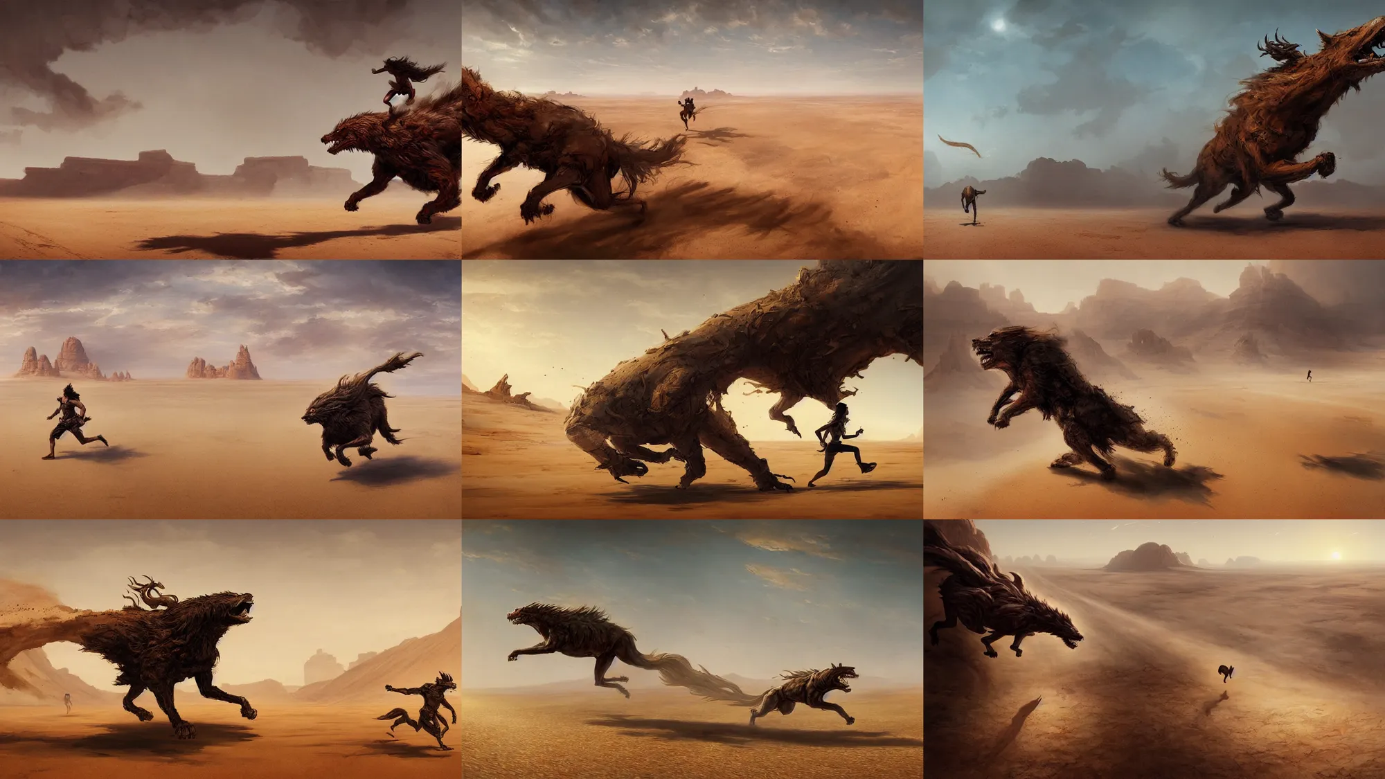 Prompt: beast running across the open desert, empty desert, sand, karst landscape, wide shot, fantasy art by greg rutkowski