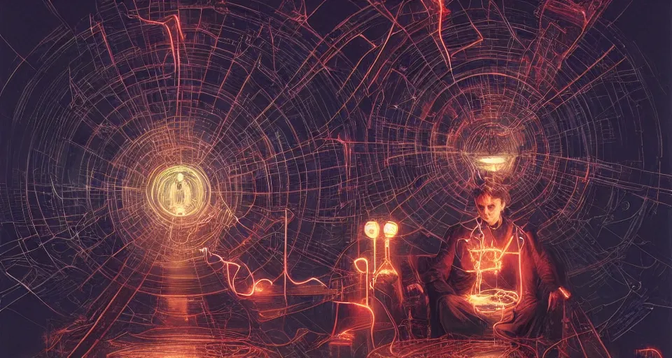 Image similar to electrical arcs from the body of nikolai tesla as he is surrounded by faint bolts of electricity, digital art, intricate, dramatic lighting, neon colors, cinematic, holographic runes, art by artgerm, greg rutkowski, norman rockwell