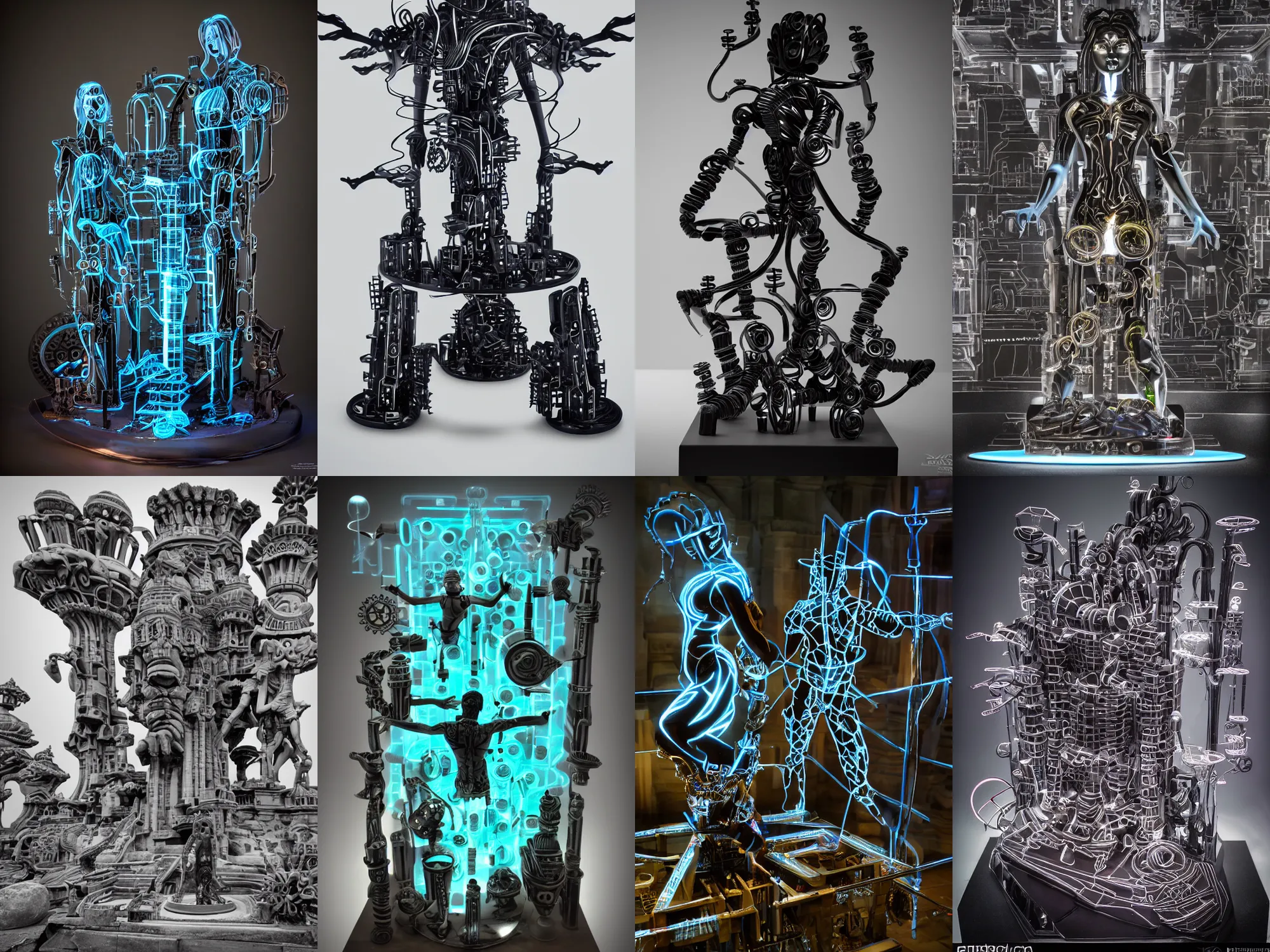 Prompt: epic dark studio tron sculpture shooting at Khajuraho, black, octane, rimlight, by david lachapelle, godes sculpture, made from electric condensators Shiva, veins, vibrant, flat shaped chrome relief, fossil, MINIATURE CITY, mechanic bionic fungus flower mechabot, maze, tubes, joints, buttons, gears, relief by Goga Tandashvili, by Wayne Barlowe, cinematic