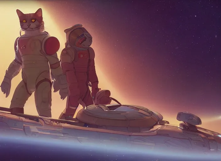 Image similar to a space handsome gay guys and their 1 0 pet space cats staring role in a musical sci - fi space opera ghibli animated film, volumetric lighting, octane render by stanley artgerm lau, greg rutkowski, thomas kindkade, alphonse mucha, loish, norman rockwel, 8 k greg rutkowski