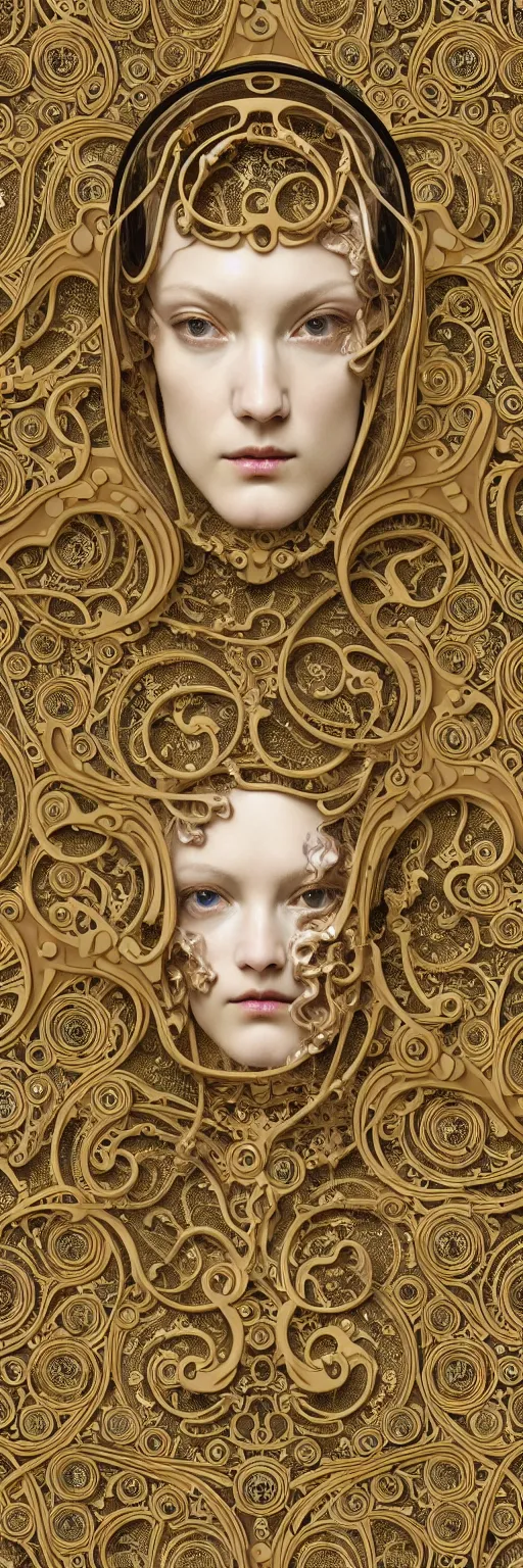 Prompt: seamless pattern of beautiful cybernetic baroque robot, beautiful baroque porcelain face + body is clear plastic, inside organic robotic tubes and parts, damask patern, front facing, wearing translucent baroque rain jacket, carved gold panel + symmetrical composition + intricate details, hyperrealism, wet, reflections + by alfonse mucha and moebius, no blur