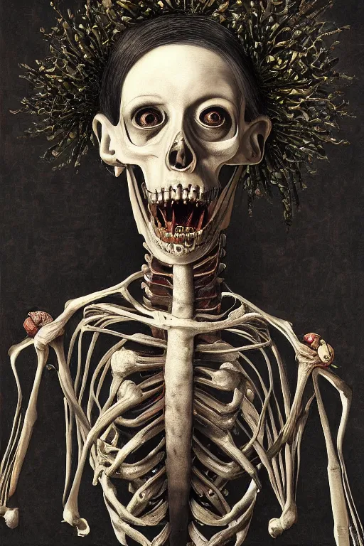 Image similar to Detailed maximalist portrait with large lips and large eyes, angry, exasperated expression, botanical skeleton, extra flesh, HD mixed media, 3D collage, highly detailed and intricate, surreal illustration in the style of Caravaggio, dark art, baroque