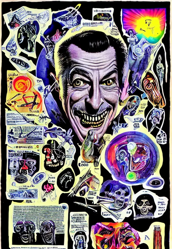 Image similar to subgenius, x - day, aliens, weird stuff, occult stuff, devil stuff, medical diagram, colorful, stained paper, hyperrealism, stage lighting