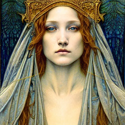 Image similar to detailed realistic beautiful young medieval queen face portrait by jean delville, gustave dore and marco mazzoni, art nouveau, symbolist, visionary, gothic, pre - raphaelite. horizontal symmetry