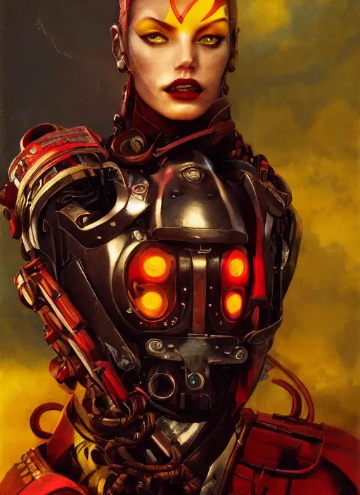 Image similar to ( symmetry ) closeup portrait of a stunning armored cyborg female pirate captain, strong cinematic light, backlight glow, red yellow, viscous smoke, vapour, mist, by gerald brom, by mikhail vrubel, by peter elson, muted colors, extreme detail, trending on artstation, 8 k