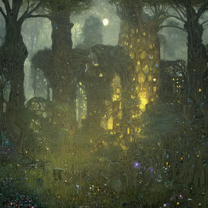 Prompt: ancient overgrown! ruins, medieval gates, runestones, mysetrious etherial mesmerizing runic!! cat eyes, magical elven geometry, concept art by gustav klimt!, deviantart contest winner, environmental art, fairy circle, grand landscape art by greg rutkowski, lit by moonlight, high detail, intricate masterpiece