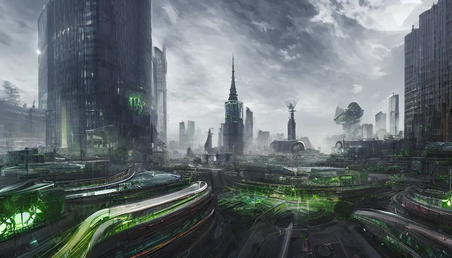 Prompt: futuristic berlin with green giant alley to reichstag building in the distance, panorama view, hyperdetailed, artstation, cgsociety, 8 k