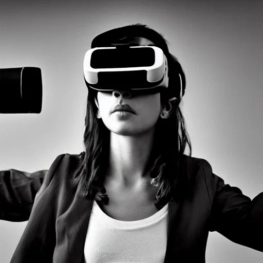 Image similar to portrait of a cyberpunk girl wearing vr headset, black & white photo by annie leibovitz